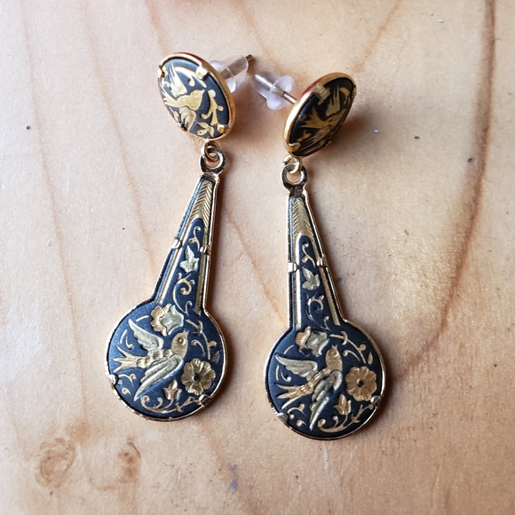 Vintage Handpainted Spanish Damascene Earrings - Picture 2 of 5